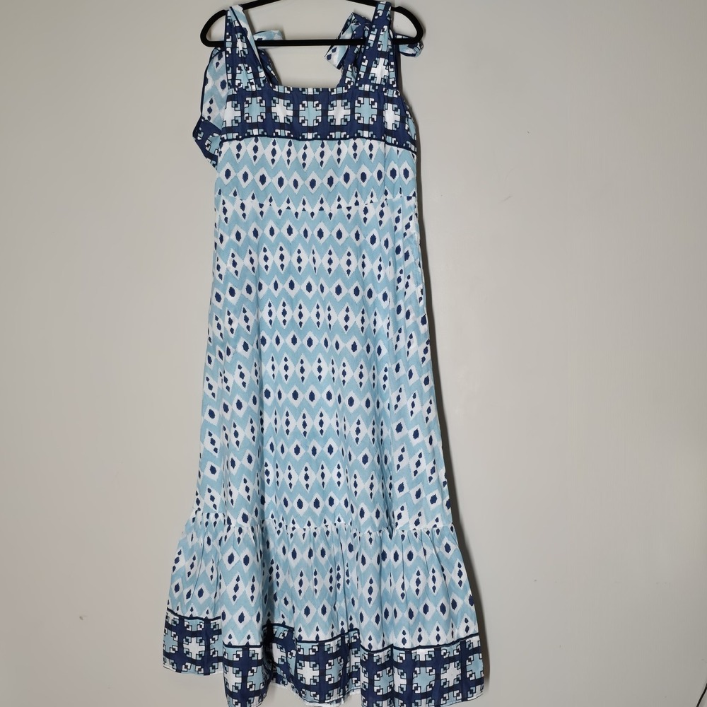 Sue Sartor Annabel Sundress M NWT Cotton Ikat Maxi Dress Dusty Blue Navy